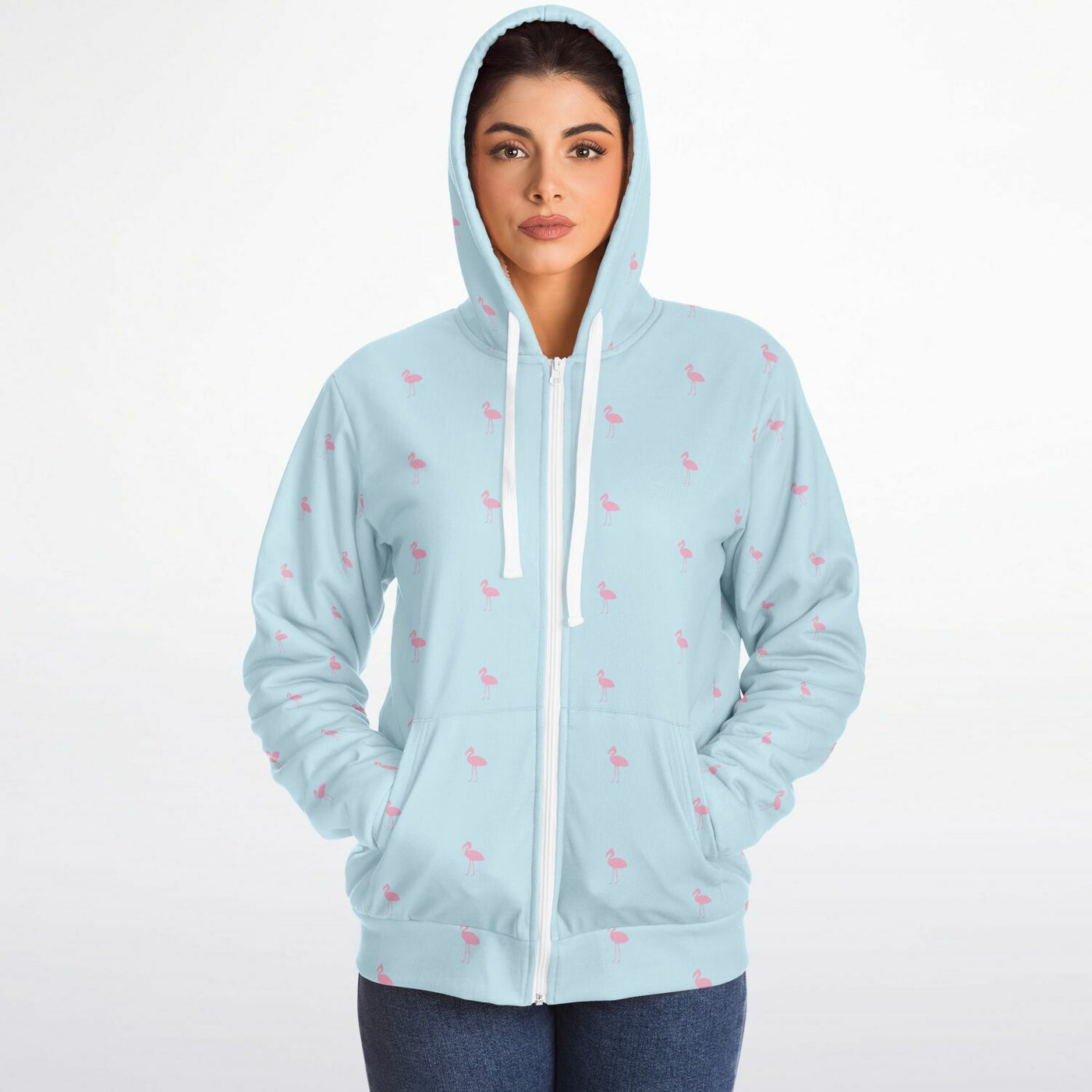 Light blue hoodie with small pink patterns worn by a person on a white background