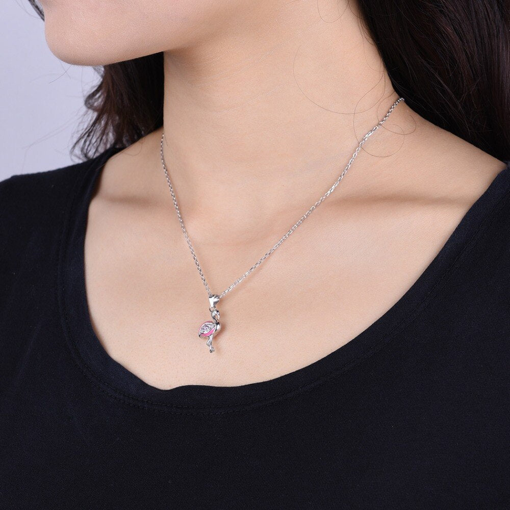 Sterling Silver Sparkling Pink Flamingo Necklace